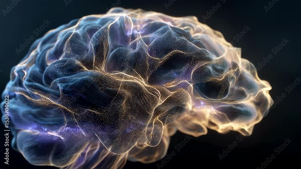 Poster glowing neuronal particles forming intricate brain cortex network during recovery process following 