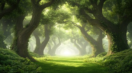 Fototapeta premium Serene Forest Path Surrounded by Lush Green Trees and Soft Light Filtering Through Foliage in a Mystical Landscape