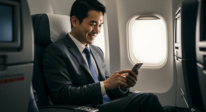 Businessman using smartphone during flight travel enjoying in flight entertainment