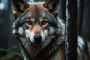 Fototapeta premium Wolf Portrait Showing Intense Gaze Alongside a Tree in a Forest Clearing