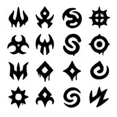 Spray Paint Primitive Symbols with Blood Splatter – Abstract Tribal Glyphs Clipart Set (Transparent PNG)