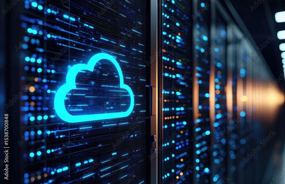 Poster glowing blue cloud symbol on high tech server rack in futuristic data center, ideal for cloud storag