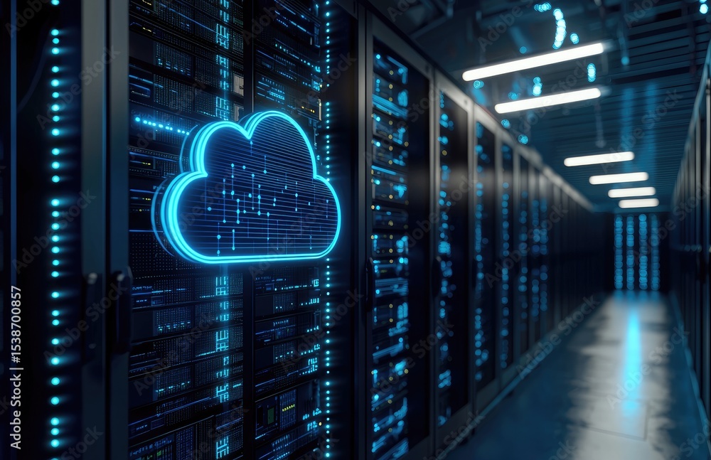 Poster Futuristic server room with blue neon cloud icon and illuminated data racks, perfect for illustrating cloud computing, AI systems, and secure digital infrastructure