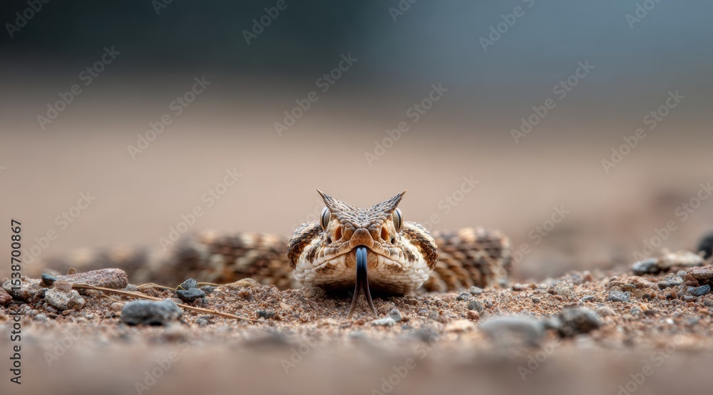 Poster close up view of snake with distinctive head and body, resting on sandy surface. snake displays its 