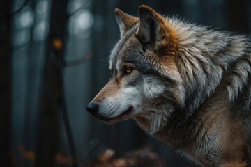 Wolf Profile Portrait in Forest with Focused Gaze and Detailed Fur
