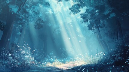 Obraz premium Serene Forest Glade with Sunlight Beams and Gentle Flora Illuminated by Soft Blue Tones