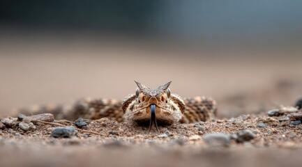 Close up view of snake with distinctive head and body, resting on sandy surface. snake displays its forked tongue, showcasing its unique features and textures