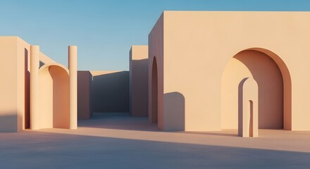 Peach-toned architectural maze with arches and shadows under a clear blue sky