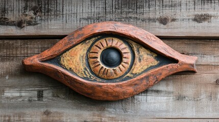 Ornate eye sculpture on wood