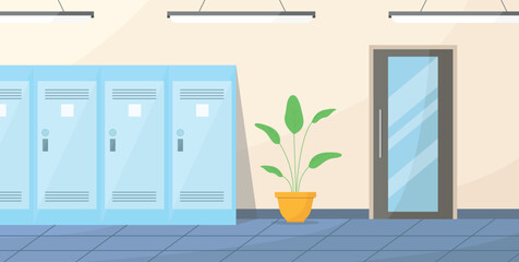 School hallway interior with lockers, plant and classroom door. School hallway, corridor.