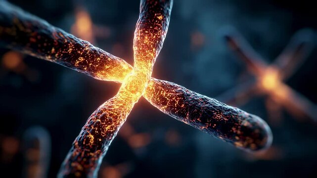 Glowing orange telomeres progressively shortening along chromosome strand, revealing cellular aging mechanisms and potential health deterioration in elderly patient's genetic structure