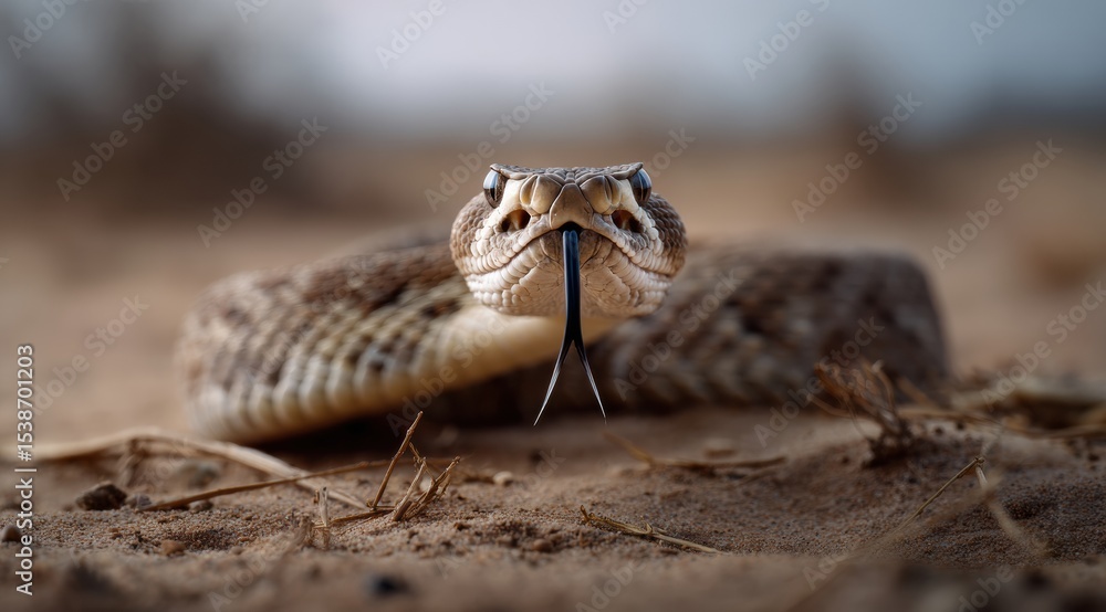 Poster close up photograph of rattlesnake displaying its distinctive features, including its forked tongue 