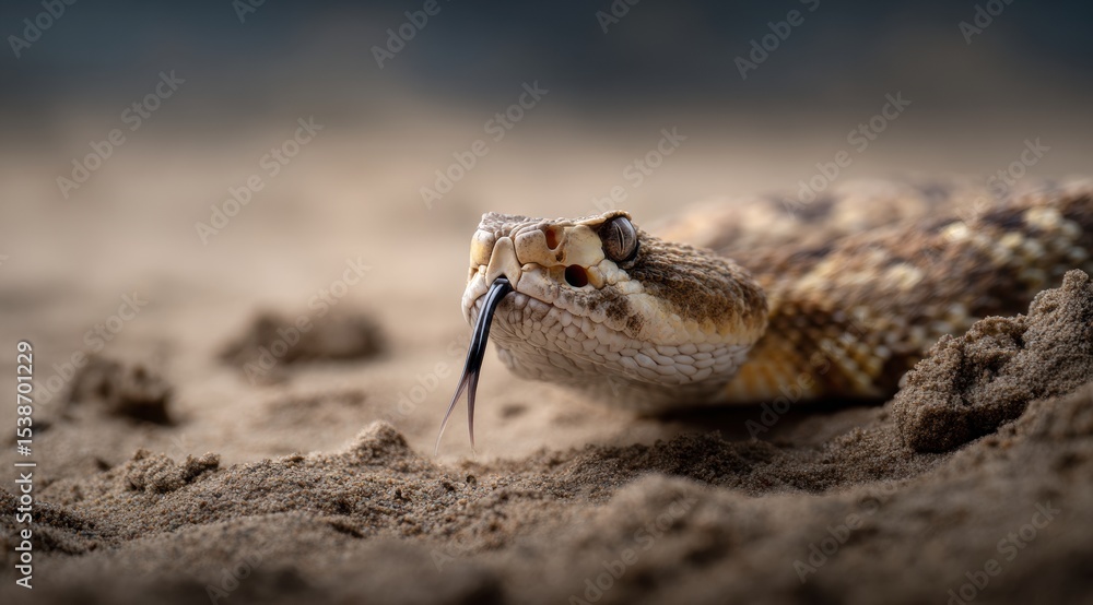 Poster close up photograph of rattlesnake resting sandy ground, showcasing its distinctive scales and flick