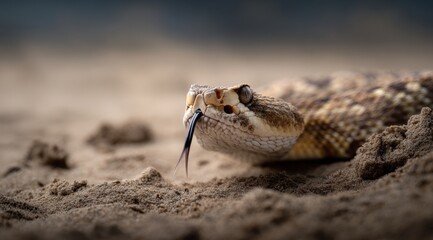 Fototapeta premium Close up photograph of rattlesnake resting sandy ground, showcasing its distinctive scales and flicking tongue. image captures snake intricate patterns and textures, evoking sense of intrigue