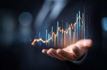 A rising stock graph hovers over a cupped hand in front of a darksuited figure