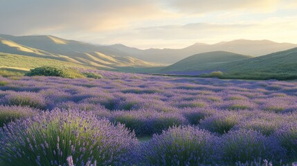 Obraz premium Serene Lavender Fields Under Soft Morning Light with Rolling Hills in the Background