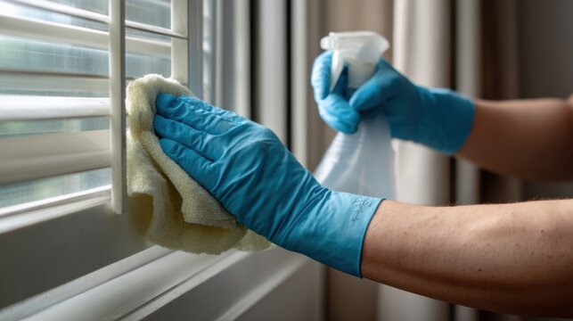 Person wearing blue gloves is cleaning window blinds with cloth and spray bottle, ensuring tidy and fresh environment. focus is on cleanliness and attention to detail
