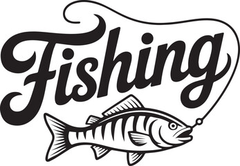 Vintage Black and White Fishing Logo with Hand-Drawn Hook
