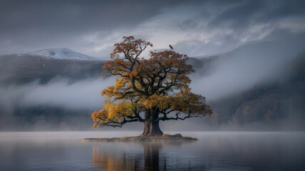 Solitary Autumn Tree on Misty Lake with Mountain Reflection