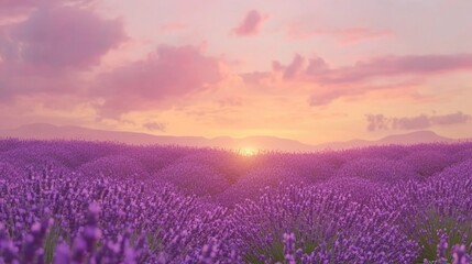 Fototapeta premium Serene Lavender Fields at Sunset with Colorful Sky and Gentle Hills in the Background