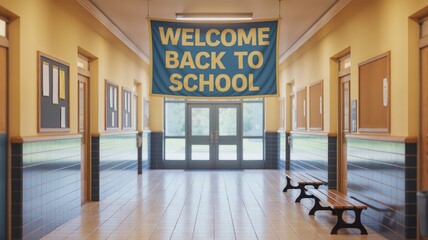School hallway with welcome back to school banner, suggesting the start of a new academic term.