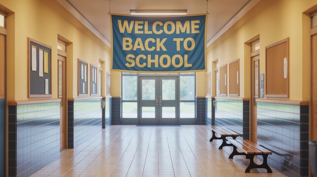 School hallway with welcome back to school banner, suggesting the start of a new academic term.