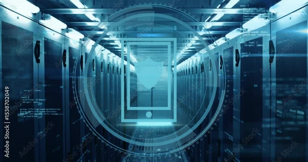 Poster opening tracking aisle scrolling code pulsing cyber security, rotating rings scanning smartphone