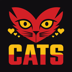 Bold Red Cat Face with Large Yellow Eyes and Golden Hearts