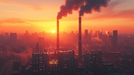 Fototapeta premium Industrial city skyline at sunrise, thick smoke rising from factory chimneys