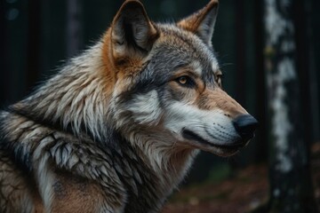 Obraz premium Timber Wolf Profile in Woods with Focus on Eye and Fur Texture