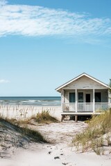 Fototapeta premium Idyllic Beach Cottage Retreat by the Coast with a Beautiful View and Ample Copy Space