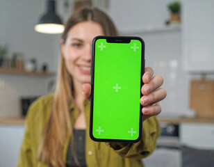 Mockup image of a beautiful woman pointing at a mobile phone with a chroma green screen