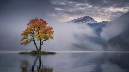 Solitary Autumn Tree on Misty Lake with Mountain Reflection