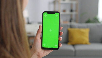 Feminine Hand Holding a Smartphone with Green Screen Mock Up Display. Female is Relaxing on a Couch at Home, Watching Videos and Reading Social Media Posts on Mobile Device. Close Up POV Photo.