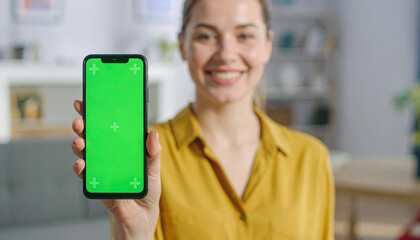 Mockup image of a beautiful woman pointing at a mobile phone with a chroma green screen