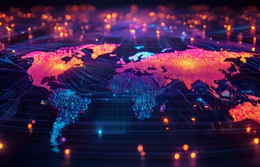 Global network. Digital map. Technology background. Futuristic concept. Data visualization. Cyber security. Neon colors. World continents. Virtual connections. Online communication. Business technolo - Powered by Adobe