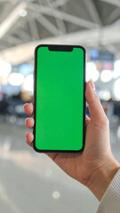 POV of a person using smartphone with green screen at airport or train station.

