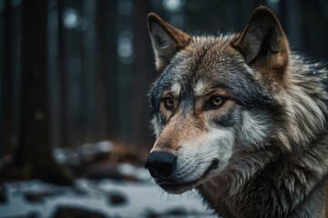 Fototapeta premium Intimate Portrait of a Gray Wolf with Intense Gaze in a Snowy Forest