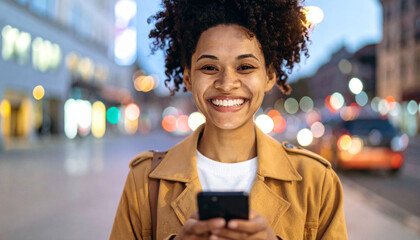 Woman on street using phone at evening
