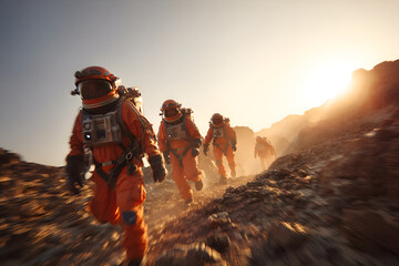 Astronauts exploring rocky planet during space mission