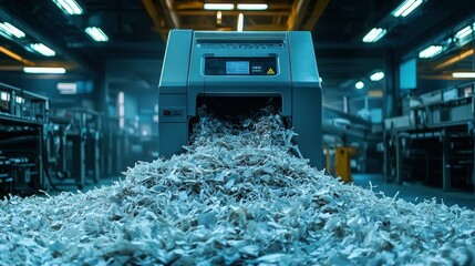 Industrial paper shredder in a factory.  A large, gray shredder machine, emitting a pile of shredded paper, sits in a large industrial print shop
