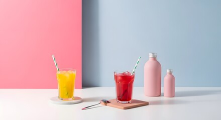 Refreshing drinks with ice and striped straws on a pastel background