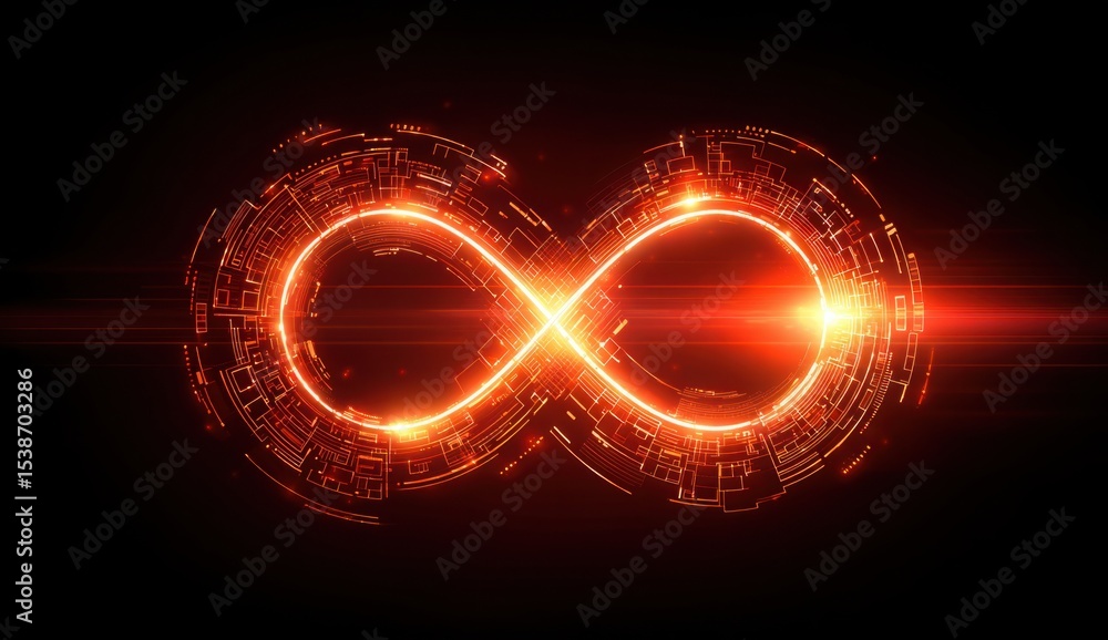 Poster an orange stylized infinity symbol on a black background with circular digitallooking patterns