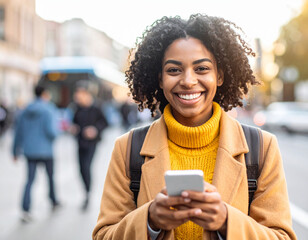 Woman on street using phone, looking at camera

