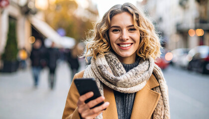 Woman on street using phone, looking at camera

