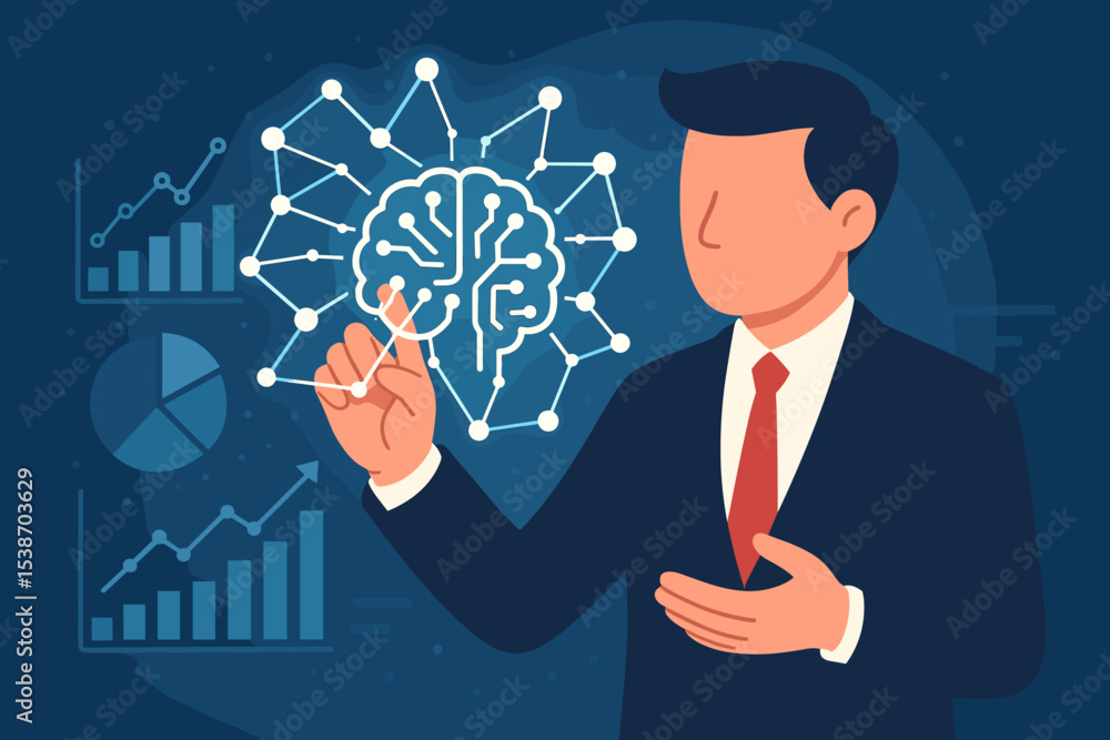 Poster businessman pointing at neural network brain icon for data analysis. machine learning, innovation, b