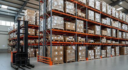 Industrial warehouse with stacked boxes and forklift in storage area  