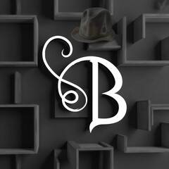 Stylish monogram b with hat on dark shelves