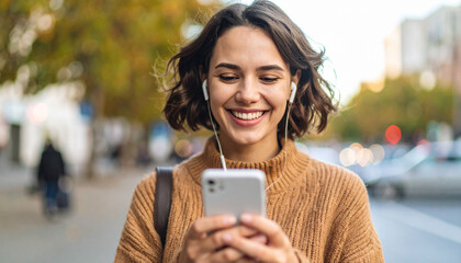 Happy young woman outdoors in urban setting with mobile phone

