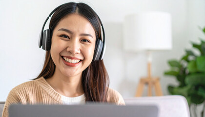 Happy young woman using laptop sitting at desk writing notes while watching webinar, studying online, looking at pc screen learning web classes or having virtual call meeting remote working from home.
